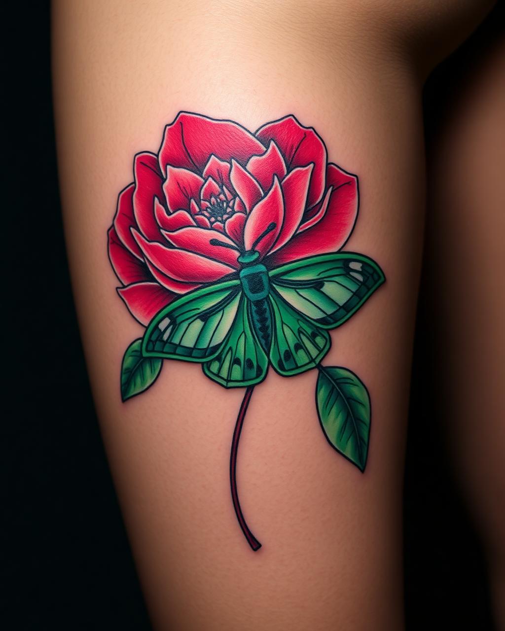 Pfingstrose und Falter, Neotraditional, Farbe, Oberschenkel, tätowiert von gz_tattooatelier