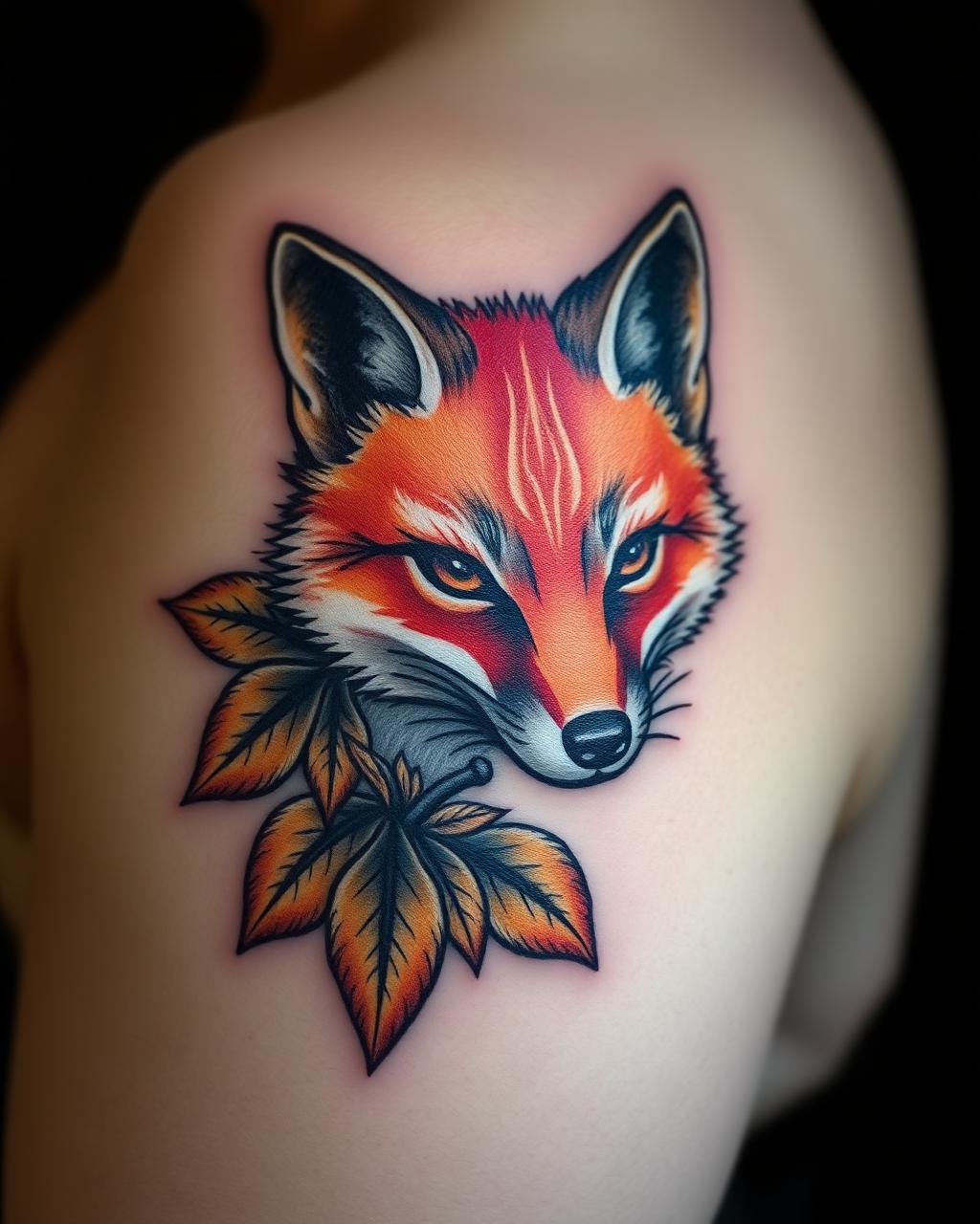 Fuchs mit Herbstlaub, Neotraditional, Farbe, Schulter, tätowiert von gz_tattooatelier
