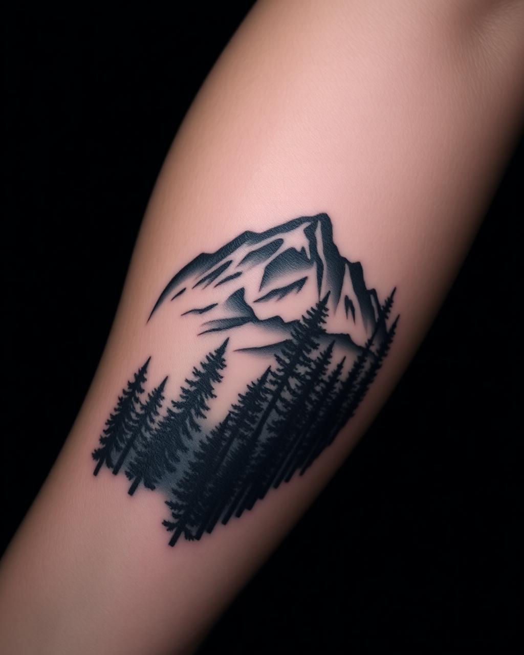 Berge und Wald, Black & Grey, tätowiert von Denis Kosbü