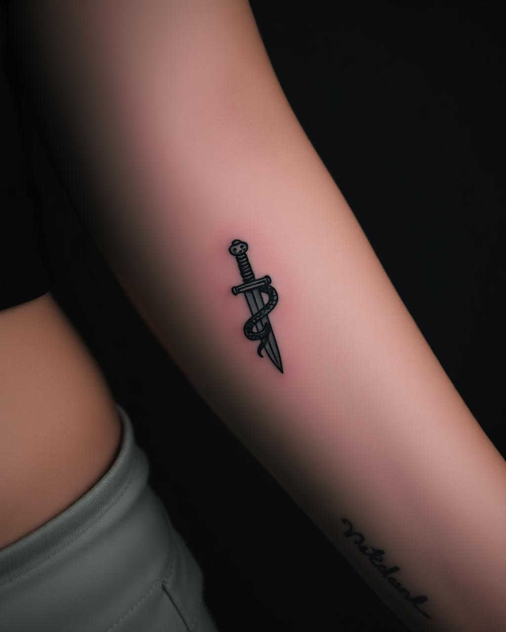 Schlange und Dolch, Fineline, tätowiert von untitled.tattoo